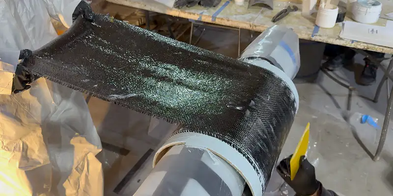 Two people applying HydraWrap to the exterior of a cardboard test pipe