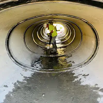 Working inside an elliptical pipe to install HydraTite seals over the joints