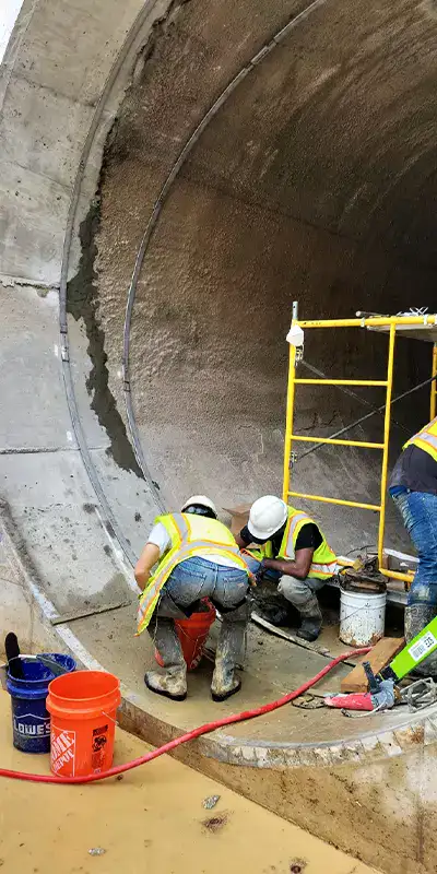 Field service crew members working on a defective point in a large pipe, positioning stainless steel retaining bands over the repair area