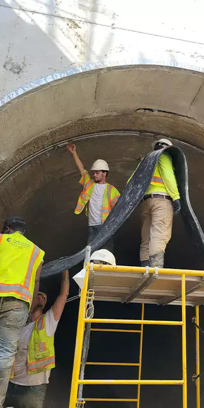 Several field service crew members atop scaffolding installing HydraTite over a defective point in a large-diameter pipe