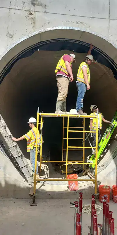 Several field service crew members atop scaffolding installing HydraTite over a defective point in a large-diameter pipe