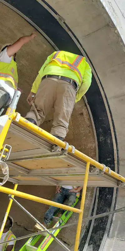 Several field service crew members atop scaffolding installing HydraTite over a defective point in a large-diameter pipe