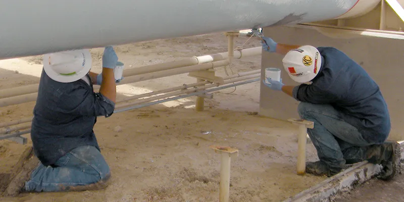 Two people in hard hats brushing on HydraLine epoxy onto a large diameter pipe