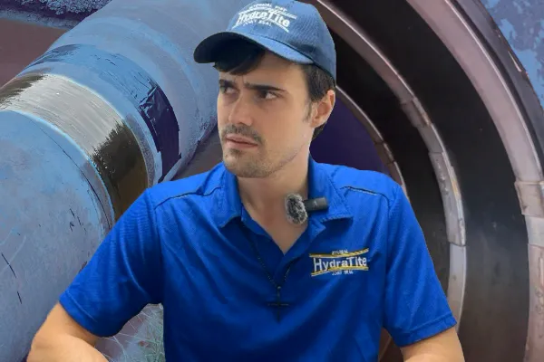 Caleb in front of two images. One pipe that has been wrapped in carbon fiber fabric and the other that has been sealed from the inside