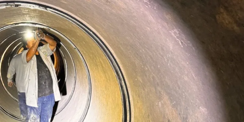 Crew member inside a large pipe installing HydraTite over a joint