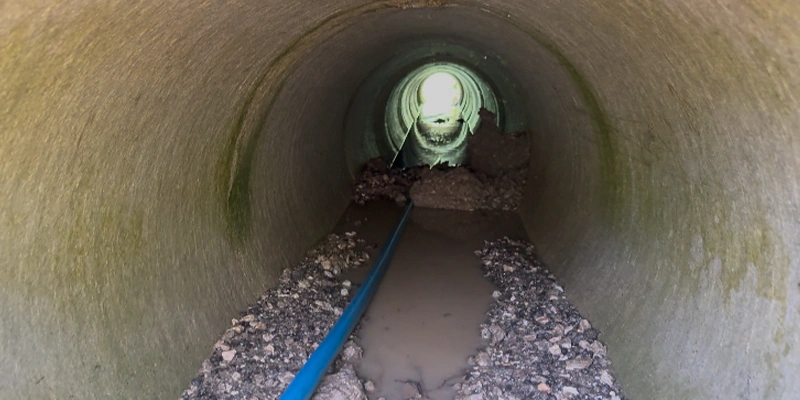 A jettervac hose laying in a culvert that has been partially cleared out