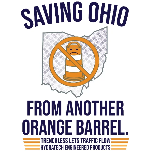 A simple shirt design of Ohio with an orange barrel and a cross through it emphasizing trenchless repair options