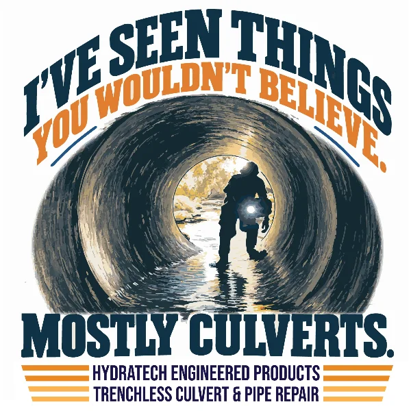 A shirt design with a person inspecting the inside of a culvert with a flashlight